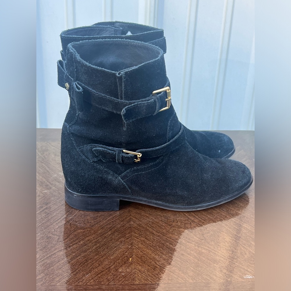 Kate Spade Sabina Black Suede Ankle Boots with Buckles and Bows Size 8.5